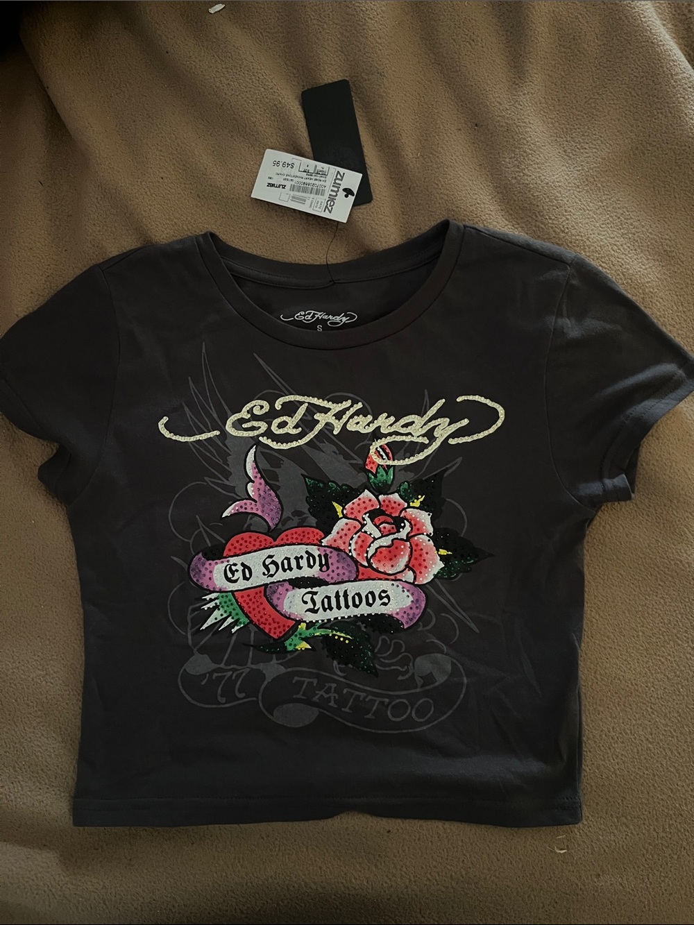 Ed Hardy Black Short-Sleeve Tattoo Graphic Tee with Pink Rose